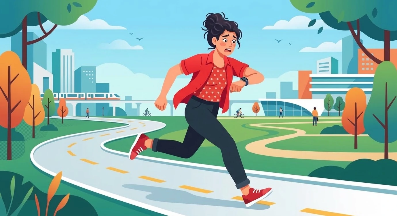Student checking the time while running