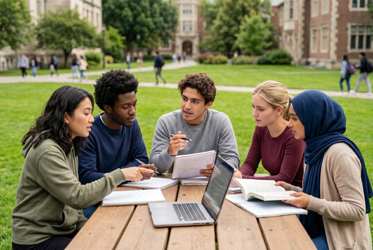 International university students studying together outdoors